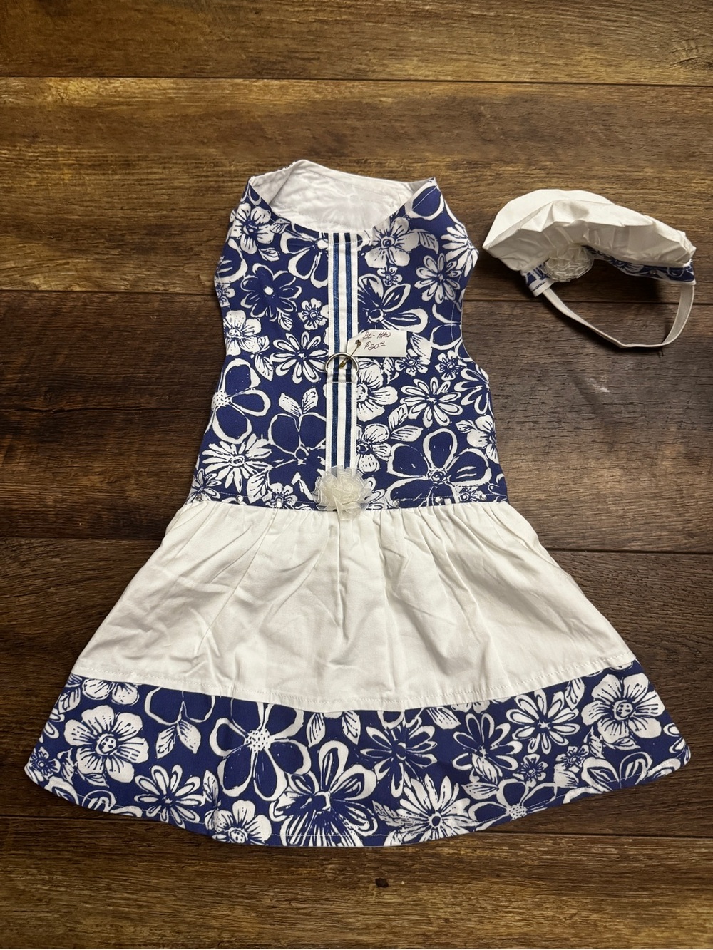 Medium dog  Blue & White Floral Sundress with Bonnet